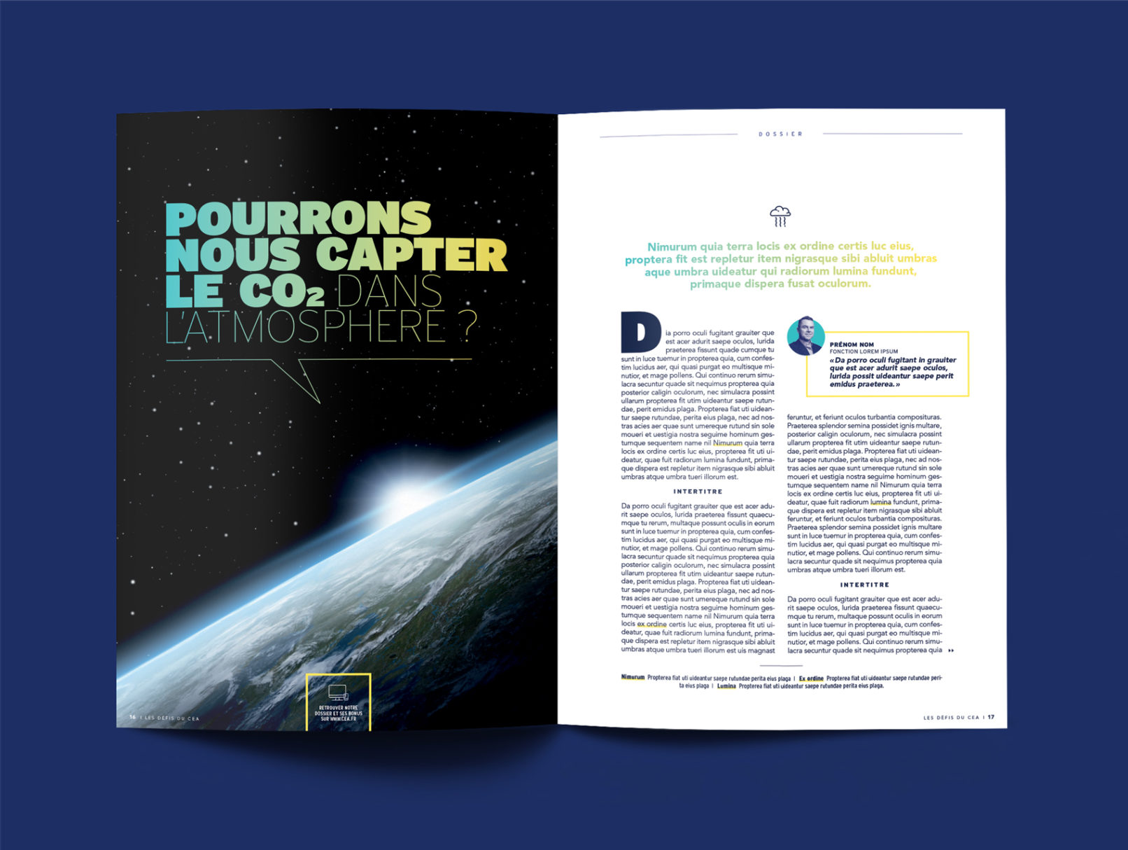 ouverture dossier magazine presse CEA design graphique direction artistique édition scientifique mise en page