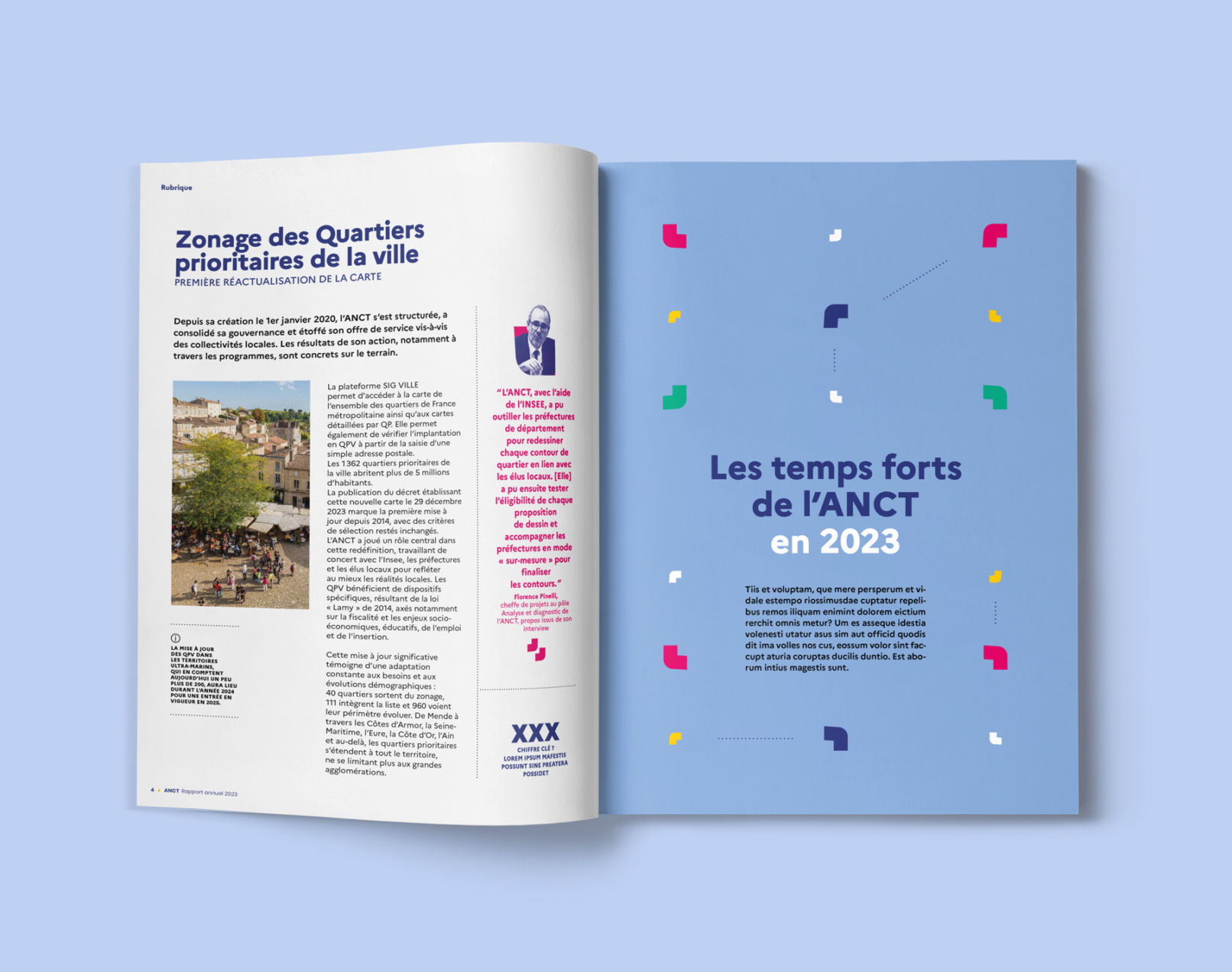 Page intérieure ouverture rapport annuel ANCT design graphique direction artistique