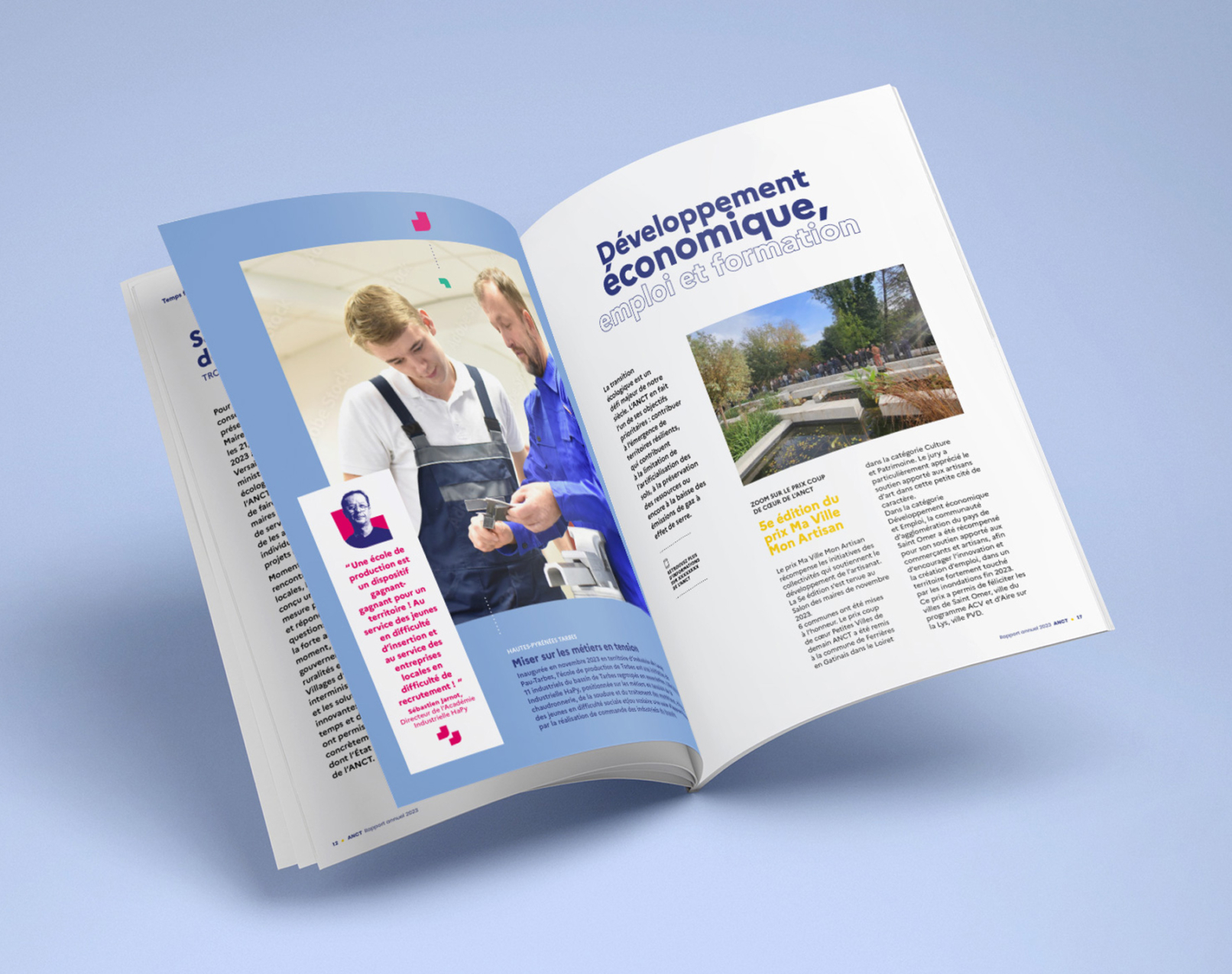 Double page intérieur témoignage portrait rapport annuel ANCT design graphique direction artistique