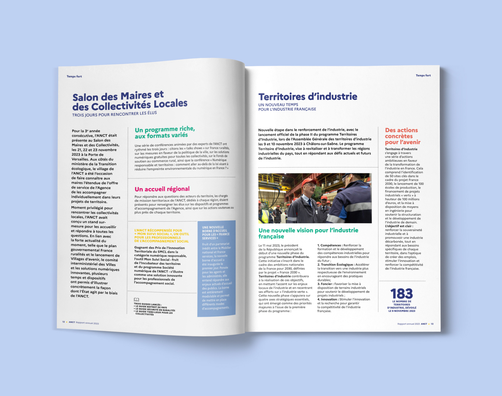 Double page intérieur articles rapport annuel ANCT design graphique direction artistique